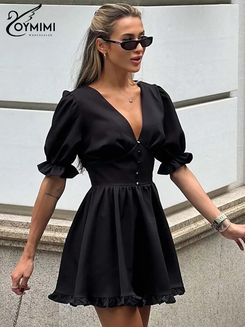 Oymimi Fashion Black V-Neck Dresses 2025 Woman Elegant Half Sleeve Button High Waist Dress Casual Pleated Mini Dress Streetwear
Oymimi Fashion Black V-Neck Dresses 2025 Woman Elegant Half Sleeve Button High Waist Dress Casual Pleated Mini Dress Streetwear