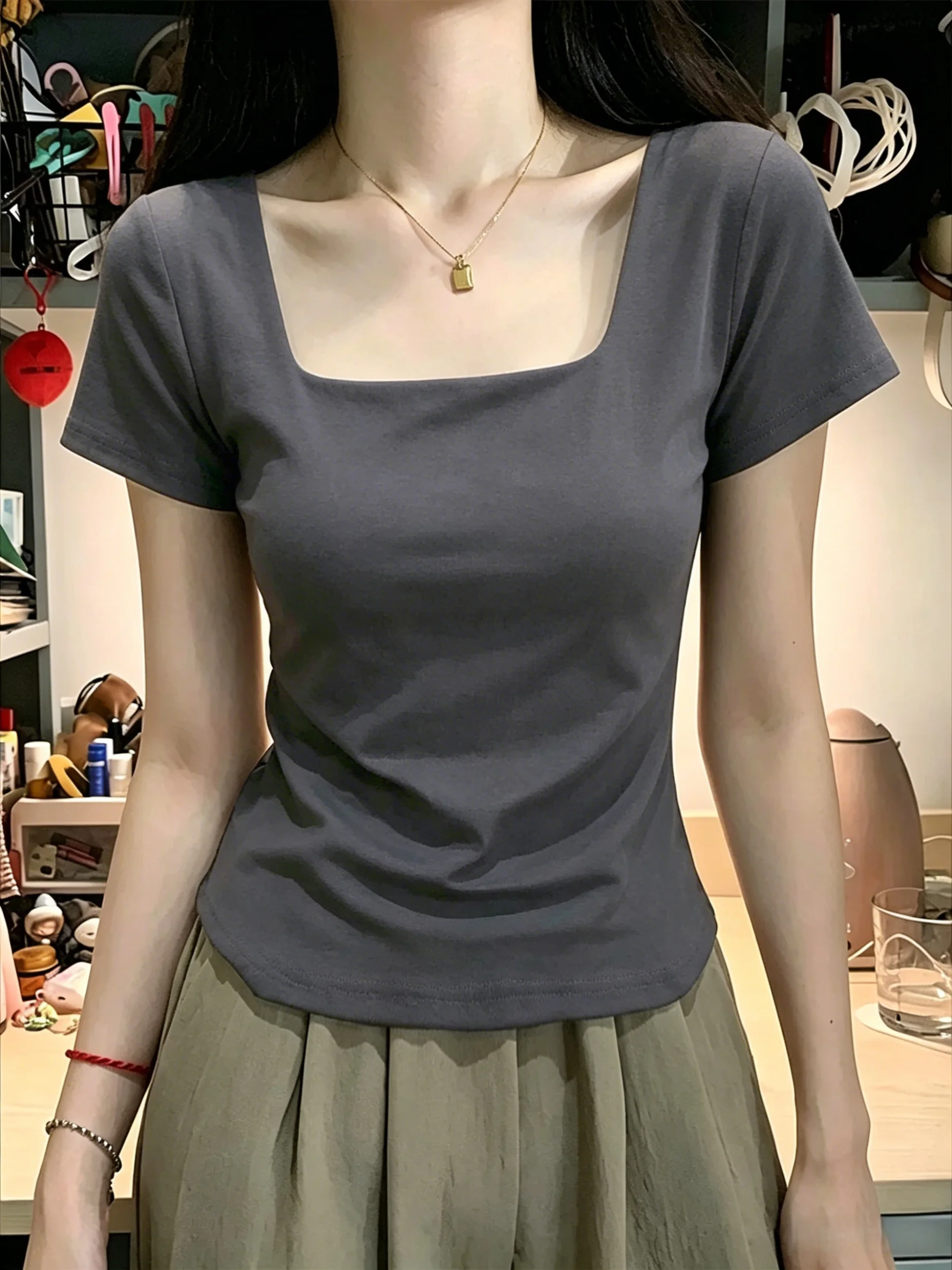 Summer Short Sleeve T-Shirt Women's 95 Cotton Square Collar Slim Fit Base Shirt Shoulder Width Regular Cotton Polyester Blend
Summer Short Sleeve T-Shirt Women's 95 Cotton Square Collar Slim Fit Base Shirt Shoulder Width Regular Cotton Polyester Blend