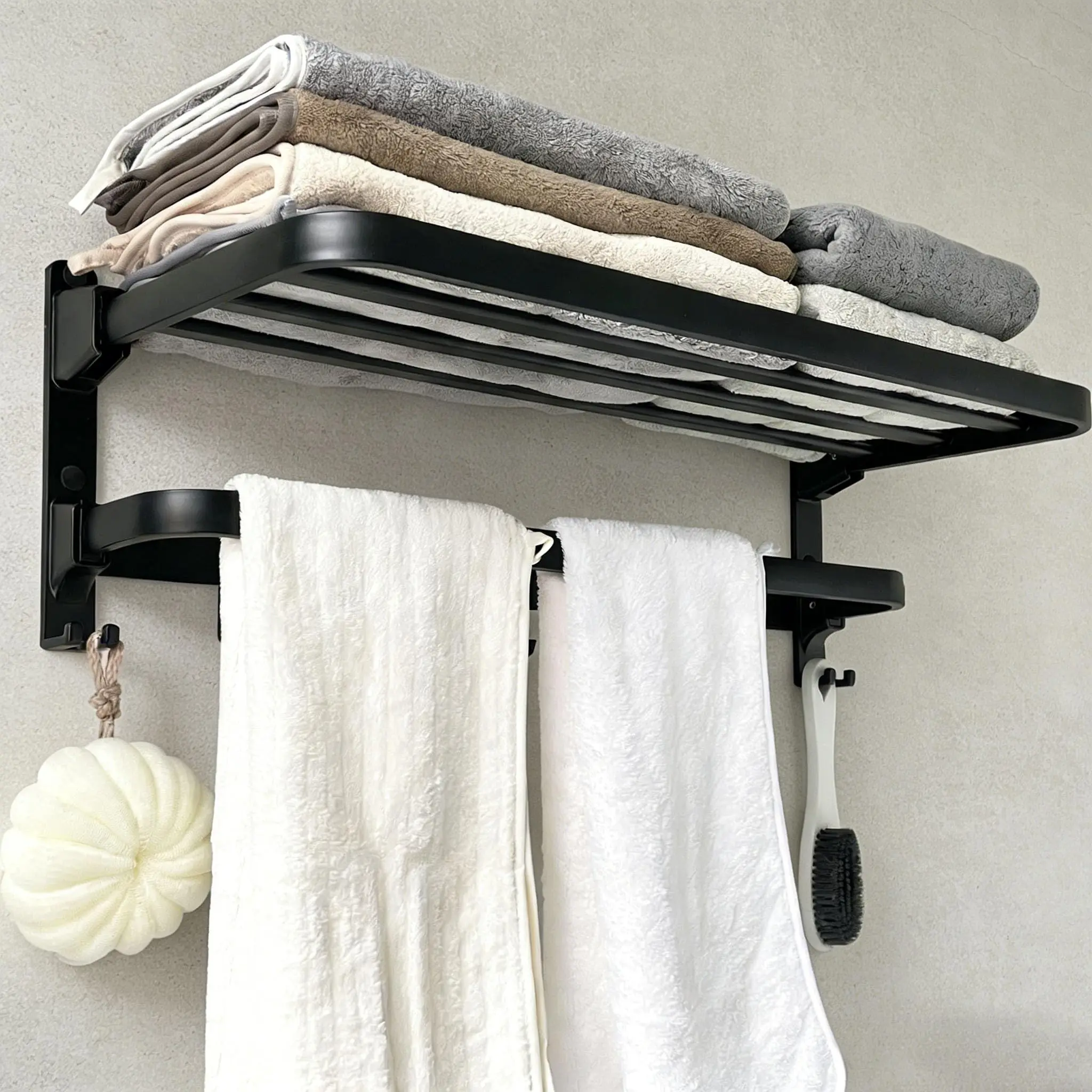 24-Inch Foldable Wall-Mounted Bathroom Towel Organizer With Shelf, Dual Bars, Nine Hooks, Rust-Resistant Modern Design For
24-Inch Foldable Wall-Mounted Bathroom Towel Organizer With Shelf, Dual Bars, Nine Hooks, Rust-Resistant Modern Design For