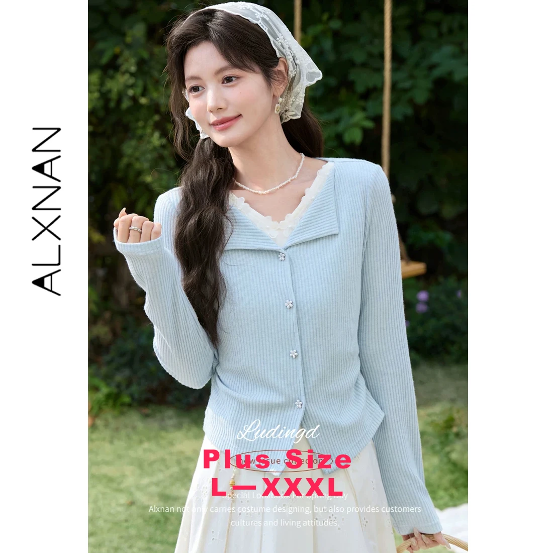 ALXNAN Plus Size Blue Fake Two-piece Long Sleeve T-shirt Lace Spliced Floral Button Design Elegant Slim Fit T-shirts 2026 D62032
ALXNAN Plus Size Blue Fake Two-piece Long Sleeve T-shirt Lace Spliced Floral Button Design Elegant Slim Fit T-shirts 2026 D62032