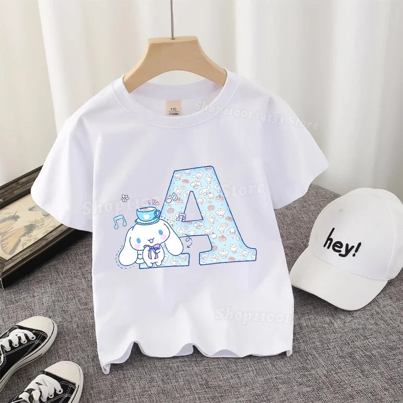 Cute Cinnamoroll Girls T-shirt Cotton Sanrio Anime Letters A-Z Printing Tees Kids Streetwear Casual Clothes Kawaii Tops Clothing
Cute Cinnamoroll Girls T-shirt Cotton Sanrio Anime Letters A-Z Printing Tees Kids Streetwear Casual Clothes Kawaii Tops Clothing