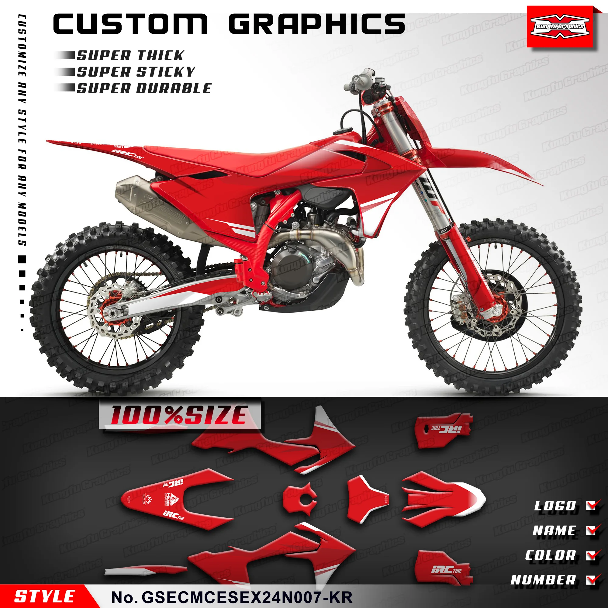 KUNGFU GRAPHICS MX Enduro Sticker Decal Kit for EC EX MC ES 125 250 300 250F 300F 350F 450F 500F 2024, GSECMCESEX24N007-KR
KUNGFU GRAPHICS MX Enduro Sticker Decal Kit for EC EX MC ES 125 250 300 250F 300F 350F 450F 500F 2024, GSECMCESEX24N007-KR