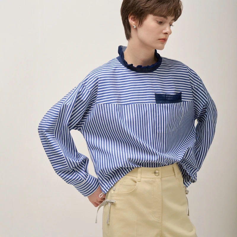 Ele Blue Striped Long Sve irt Stand Collar Lace Trim Commute Korean Sle Women's Premium Faion Cotton Blouse
Ele Blue Striped Long Sve irt Stand Collar Lace Trim Commute Korean Sle Women's Premium Faion Cotton Blouse