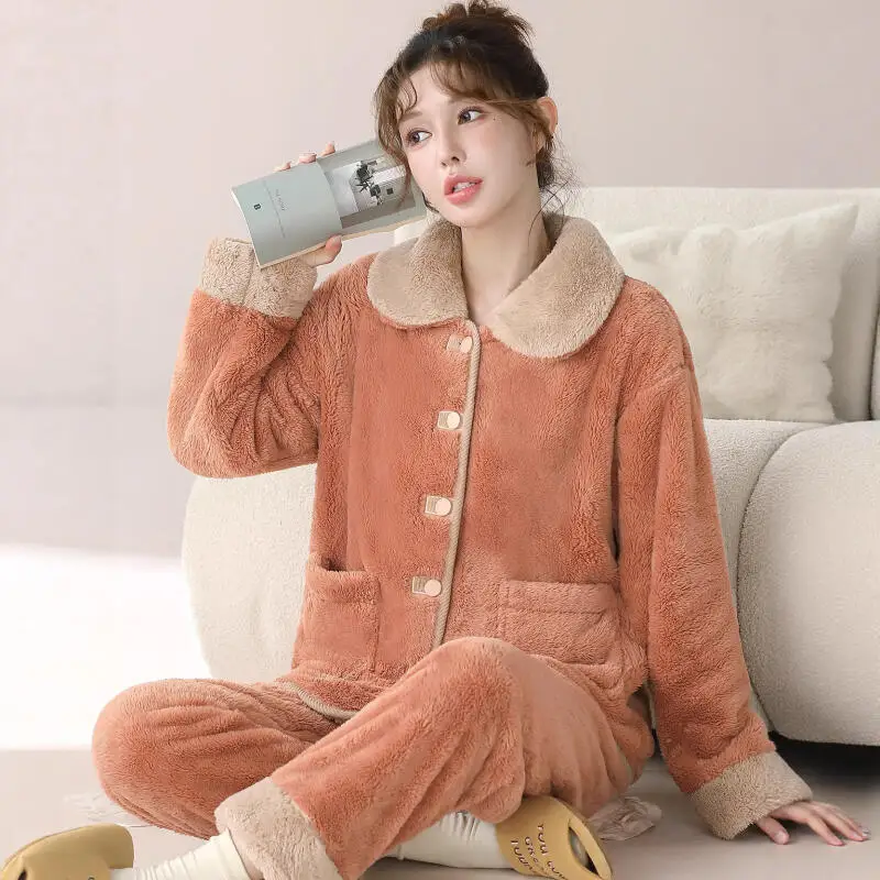 Women's Fleece-Lined Thickened Pajamas Home Clothes Girl's Homewear Set Loose Plus Size Coral Fleece Cardigan Warm Autumn Winter
Women's Fleece-Lined Thickened Pajamas Home Clothes Girl's Homewear Set Loose Plus Size Coral Fleece Cardigan Warm Autumn Winter