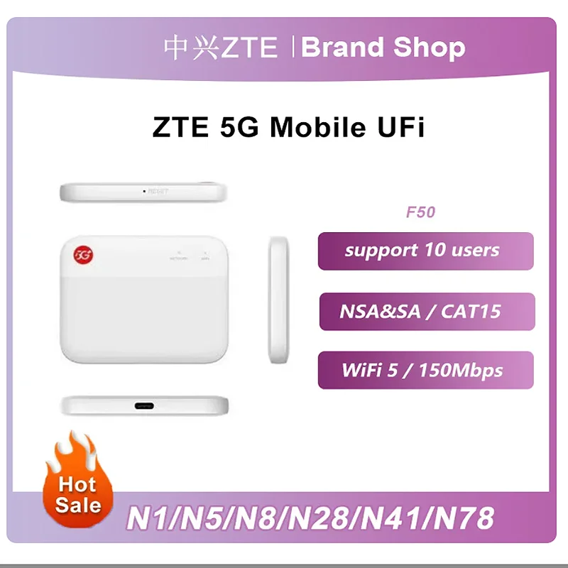 ZTE F50 5G Pocket Ufi 5G Wireless WIFI Routers Sub-6 SA/NSA N1/5/8/28/41/78 4G Cat15 2.4G/5G Wifi(No battery)
ZTE F50 5G Pocket Ufi 5G Wireless WIFI Routers Sub-6 SA/NSA N1/5/8/28/41/78 4G Cat15 2.4G/5G Wifi(No battery)