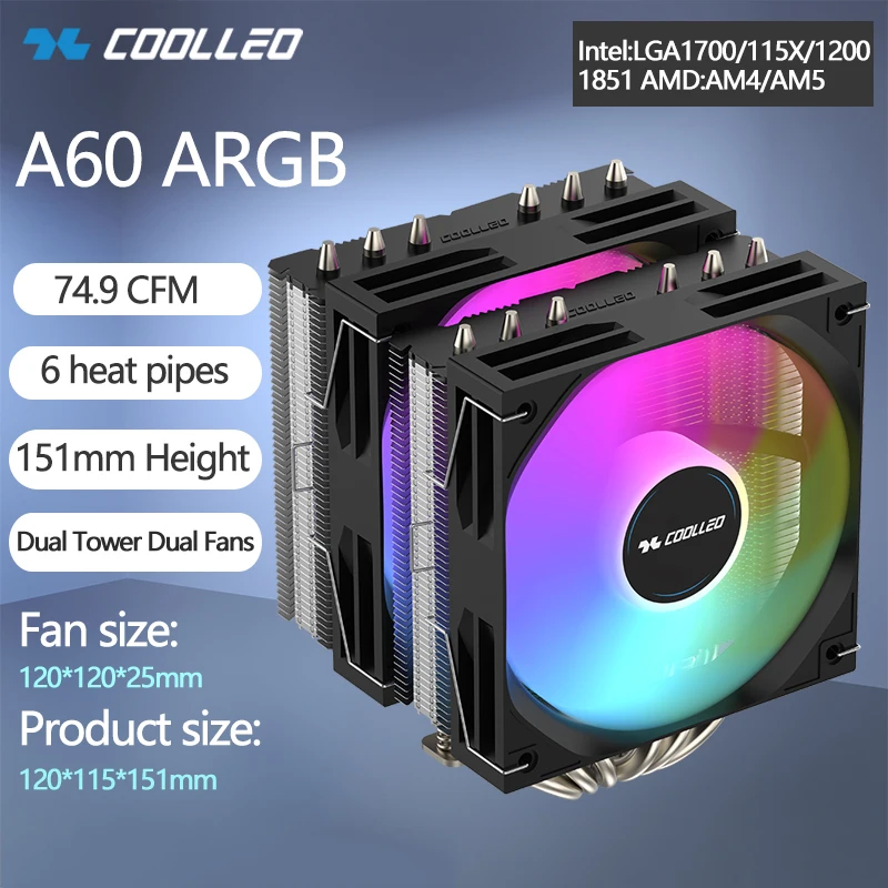 COOLLEO A60 Dual Tower Dual Fan ARGB CPU Cooler 6 Heat Pipes 9 Fan Blades 74.9CFM High Efficiency Processor Radiator
COOLLEO A60 Dual Tower Dual Fan ARGB CPU Cooler 6 Heat Pipes 9 Fan Blades 74.9CFM High Efficiency Processor Radiator