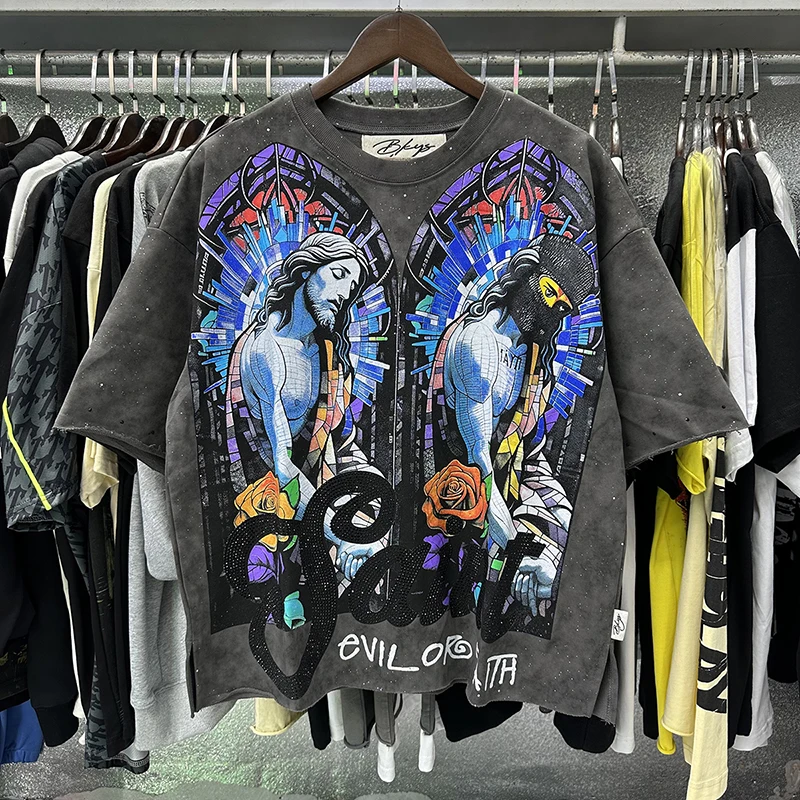 Washed Grey BKYS T-shirt New Real Shooting Rhinestones Saint Letter Print Short-sleeved Street Y2K Style Men's Women's Top Tee
Washed Grey BKYS T-shirt New Real Shooting Rhinestones Saint Letter Print Short-sleeved Street Y2K Style Men's Women's Top Tee