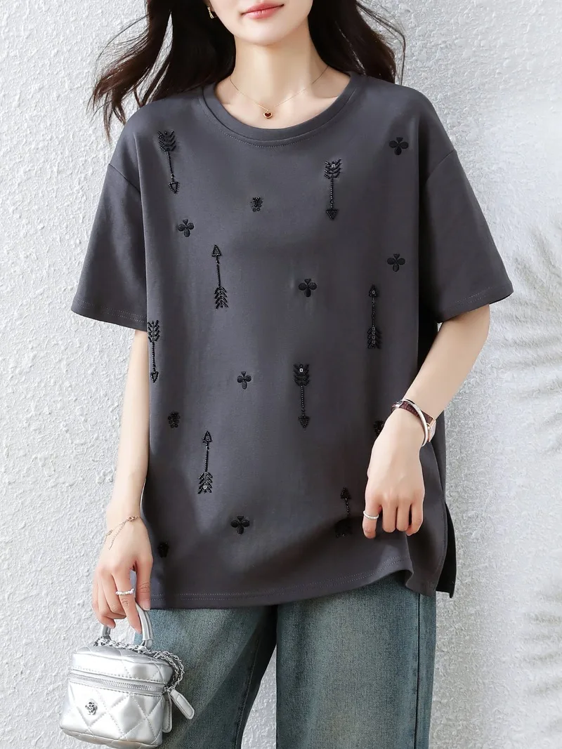 Round Neck Beading Sequin Short Sleeved Oversized T Shirt Women 2025 Summer Korean Fashion Casual Cotton Loose T-Shirts Y2k Top
Round Neck Beading Sequin Short Sleeved Oversized T Shirt Women 2025 Summer Korean Fashion Casual Cotton Loose T-Shirts Y2k Top