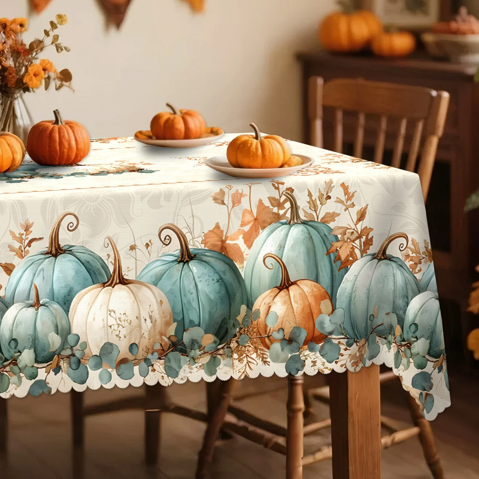 Retro Tablecloth Featuring Pumpkins And Autumn Leaves - Ideal for Farmhouse Thanksgiving Dining with Blue, Orange, White, Beige, And Teal Pumpkin Designs - Sturdy Polyester Cover for Harvest Celebrations And Fall Home Decor - Available in Rectangula
Retro Tablecloth Featuring Pumpkins And Autumn Leaves - Ideal for Farmhouse Thanksgiving Dining with Blue, Orange, White, Beige, And Teal Pumpkin Designs - Sturdy Polyester Cover for Harvest Celebrations And Fall Home Decor - Available in Rectangula
