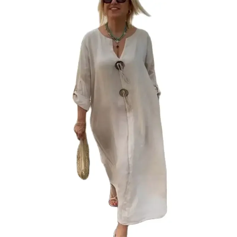 Women Simple Style Two Large Button Decoration Dresses Deep V Neck Pullover Dress Solid Color Casual Loose Female Long Gown 2024
Women Simple Style Two Large Button Decoration Dresses Deep V Neck Pullover Dress Solid Color Casual Loose Female Long Gown 2024