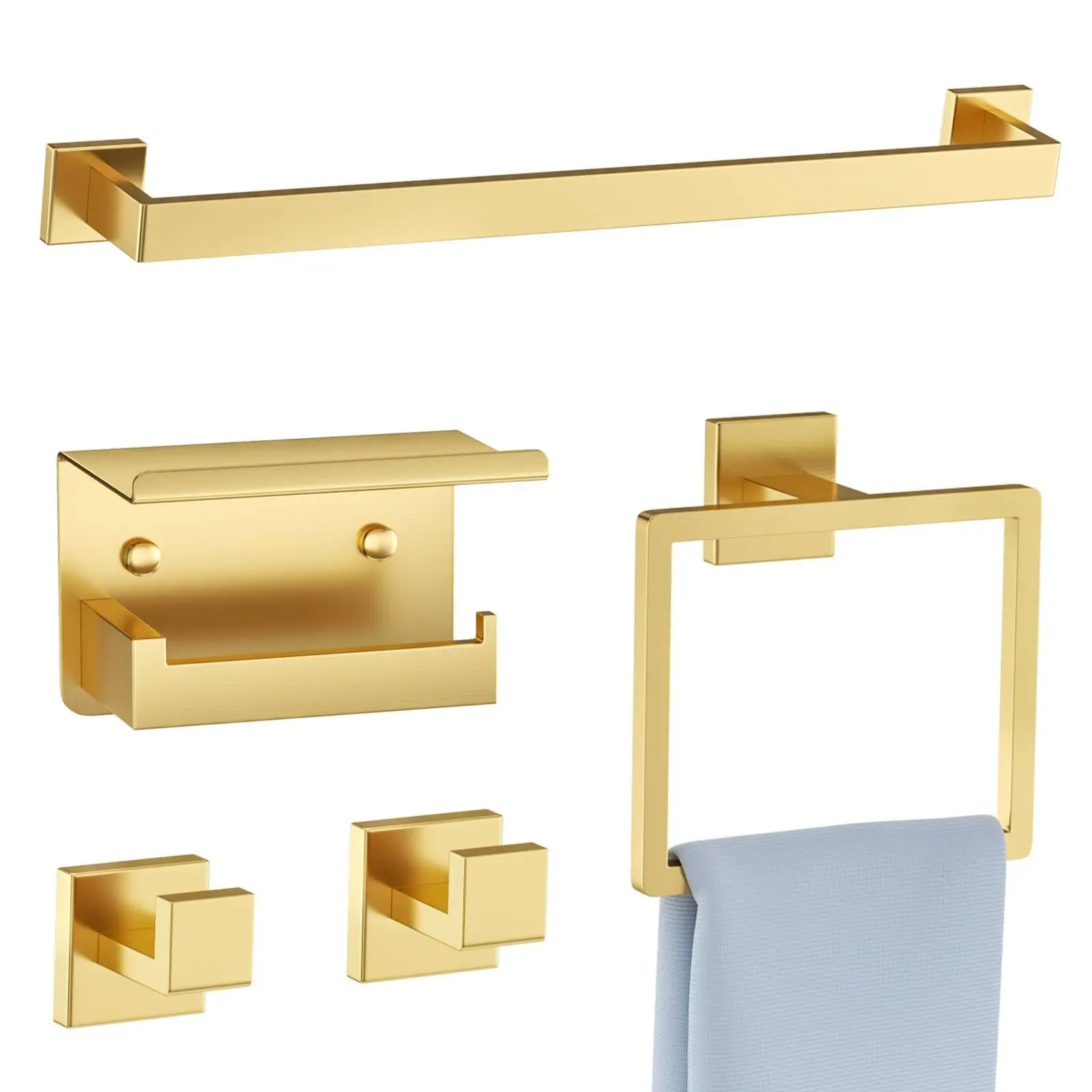 5-Piece Brushed Gold Bathroom Accessories Set: Wall-Mounted Towel Bar, Ring, Hooks And Toilet Paper Holder, 23.6 Inch
5-Piece Brushed Gold Bathroom Accessories Set: Wall-Mounted Towel Bar, Ring, Hooks And Toilet Paper Holder, 23.6 Inch