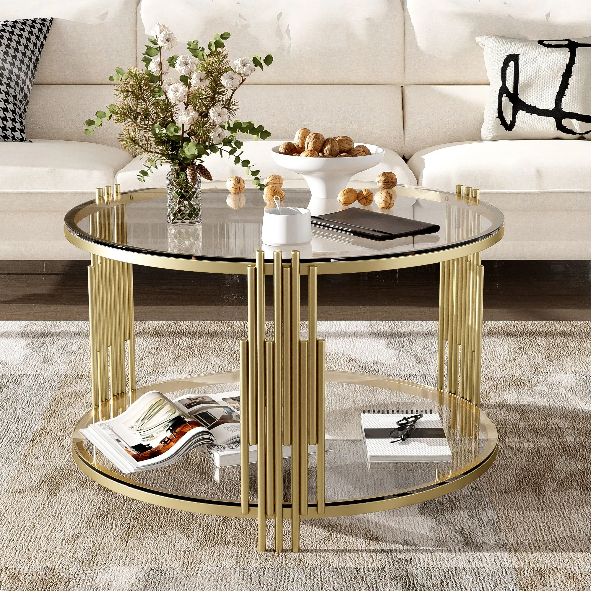 Modern Glass Coffee Table in 31.5", Asymmetrical Metal, Circular Metal Drum Base, Gold Finish & Lower Shelf,Café Tables
Modern Glass Coffee Table in 31.5", Asymmetrical Metal, Circular Metal Drum Base, Gold Finish & Lower Shelf,Café Tables