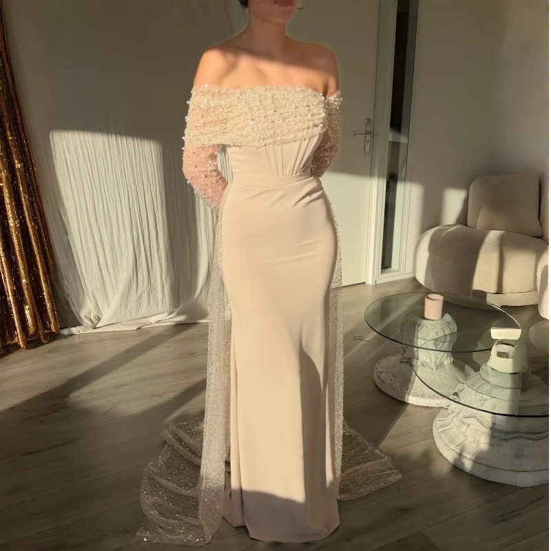 Champagne Off Shoulder Mermaid Prom Dress Beaded Tulle Long Sleeve Floor Length Formal Evening Party Gown Women Wedding Party
Champagne Off Shoulder Mermaid Prom Dress Beaded Tulle Long Sleeve Floor Length Formal Evening Party Gown Women Wedding Party