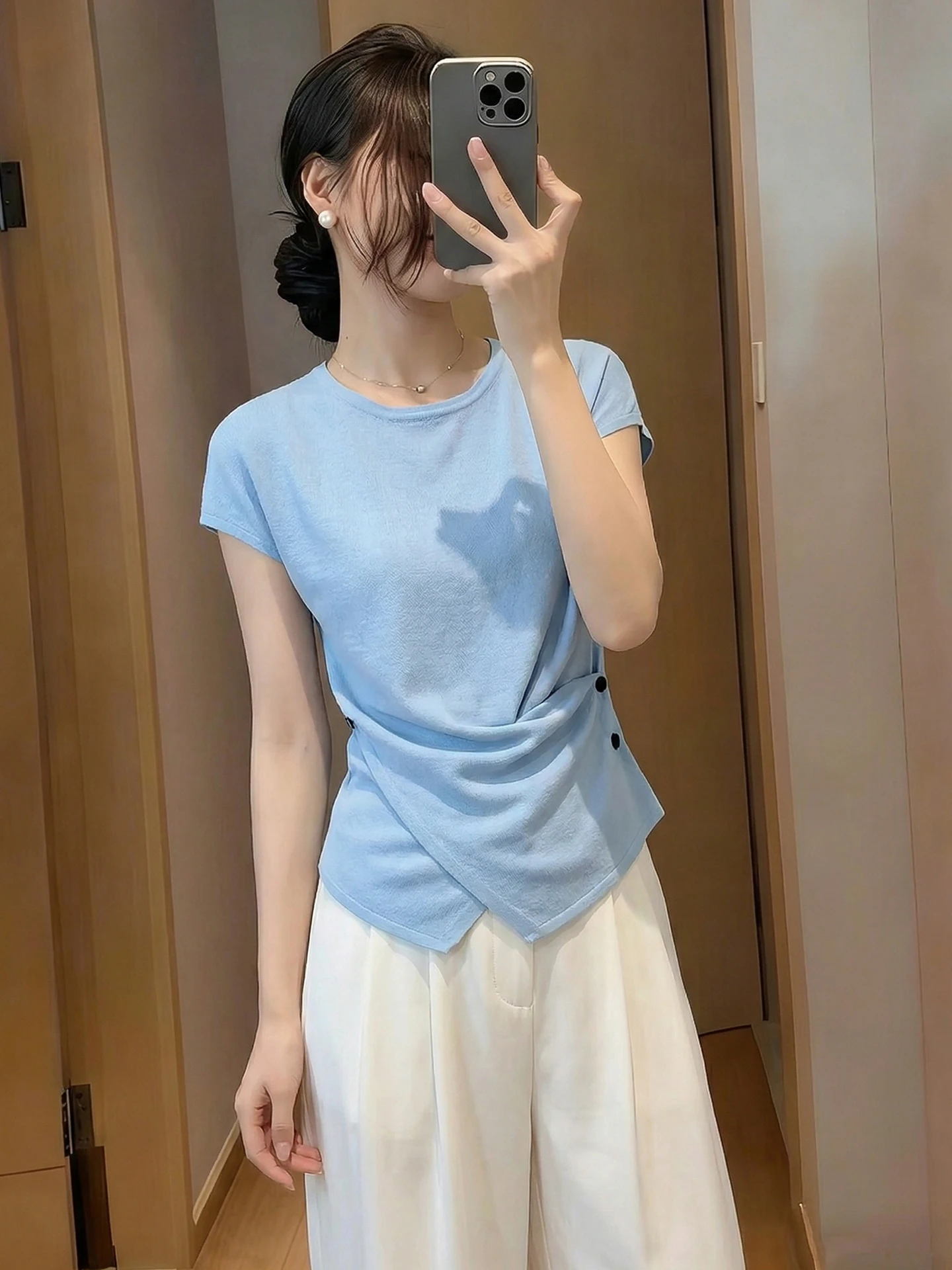 Cross Waist Short Sleeve T-Shirt Soft Slimming Summer Fashionable Versatile Light Maturity Style Women's round Neck Top
Cross Waist Short Sleeve T-Shirt Soft Slimming Summer Fashionable Versatile Light Maturity Style Women's round Neck Top