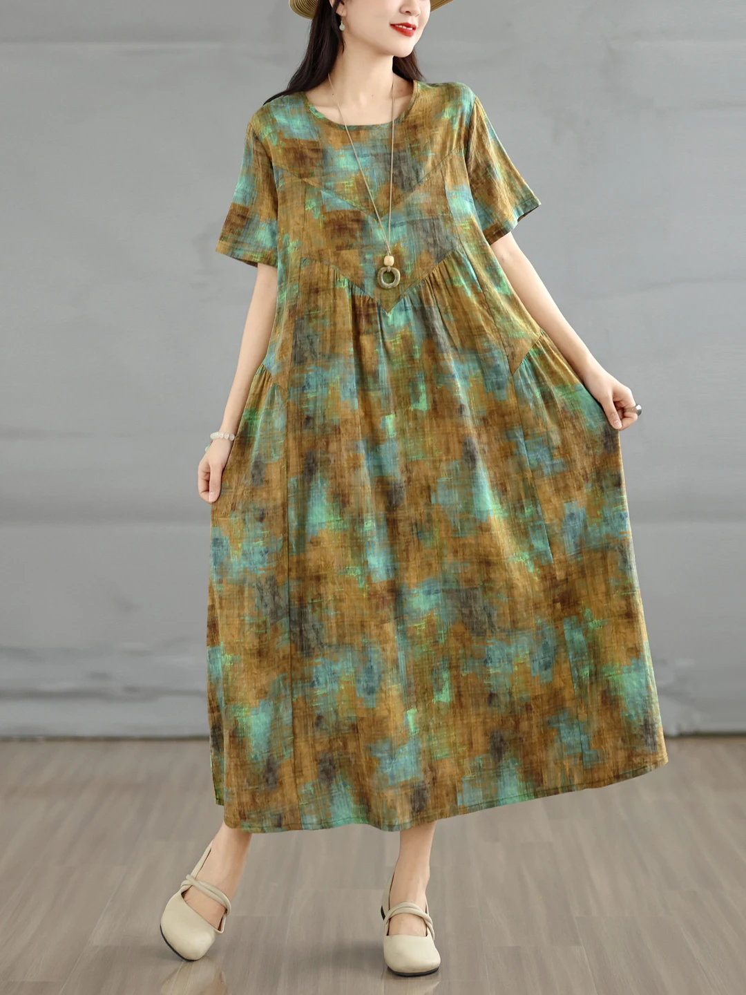 Retro Bamboo Fiber round Neck Short Sleeve A-Line Long Dress Women's plus Size Summer Loose Slimming Dress Citywalk Style
Retro Bamboo Fiber round Neck Short Sleeve A-Line Long Dress Women's plus Size Summer Loose Slimming Dress Citywalk Style