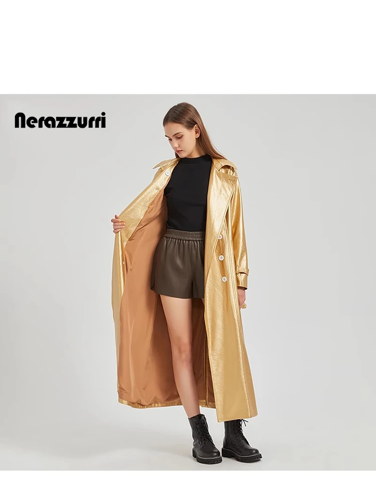 Nerazzurri Women's Long Double-Breasted Gold Leather Jaet iny Surface PU Leather Windbreaker Coat Fall Season Outerwear
Nerazzurri Women's Long Double-Breasted Gold Leather Jaet iny Surface PU Leather Windbreaker Coat Fall Season Outerwear