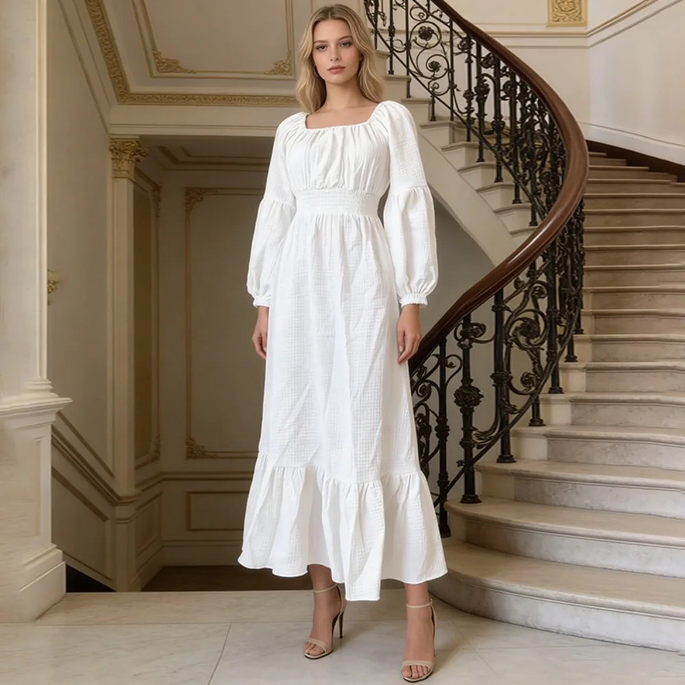 Женское элегантное платье с квадратным вырезом, высокой талией, рюшами по низу, длинными рукавами, белое, свободного кроя, в минималистском стиле, повседневное, винтажное, для отпуска и вечеринок
Женское элегантное платье с квадратным вырезом, высокой талией, рюшами по низу, длинными рукавами, белое, свободного кроя, в минималистском стиле, повседневное, винтажное, для отпуска и вечеринок
