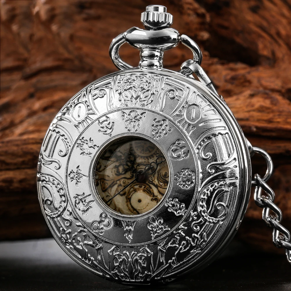 12 Constellations Gear Dial Design Silver Pocket Watch Sculptured Hollow Skeleton Wheel Reel Quartz Necklace Chain Clock 2023
12 Constellations Gear Dial Design Silver Pocket Watch Sculptured Hollow Skeleton Wheel Reel Quartz Necklace Chain Clock 2023
