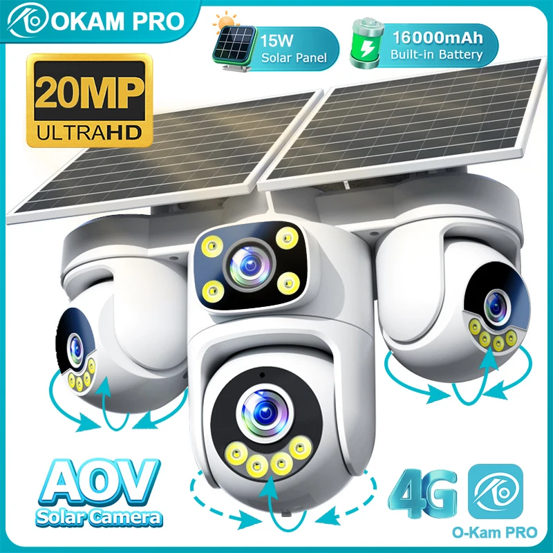 OKAM PRO AOV Solar Camera HD 20MP 4 Lens 4 Screen 4G SIM Camera 3 PTZ Color Night Vision Two Way Intercom Mobile Track IP CCTV
OKAM PRO AOV Solar Camera HD 20MP 4 Lens 4 Screen 4G SIM Camera 3 PTZ Color Night Vision Two Way Intercom Mobile Track IP CCTV