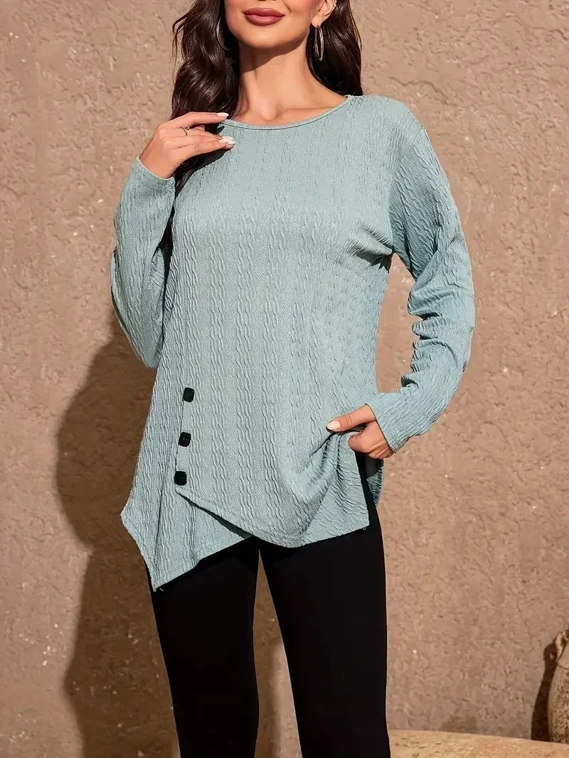 Plus Size Fashion Long Sleeve Button Casual T-shirt Women's Solid Cable Decor Round Neck Asymmetric Hem Slight Stretch T-shirt
Plus Size Fashion Long Sleeve Button Casual T-shirt Women's Solid Cable Decor Round Neck Asymmetric Hem Slight Stretch T-shirt