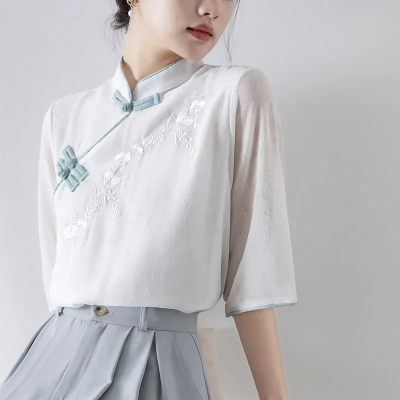 Chiffon Chinese Style Women Blouses Summer Blouses Solid Women's Shirts Embroidery Clothing Sales Slim Short Sleeve Korean Tops
Chiffon Chinese Style Women Blouses Summer Blouses Solid Women's Shirts Embroidery Clothing Sales Slim Short Sleeve Korean Tops