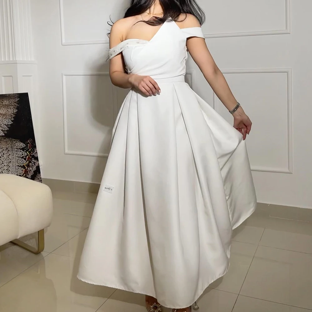CustomizedTemperament Pleats Crystal Ankle Length Evening Dresses Graceful A-Line Off the Shoulder Satin Short Sleeves White Par
CustomizedTemperament Pleats Crystal Ankle Length Evening Dresses Graceful A-Line Off the Shoulder Satin Short Sleeves White Par
