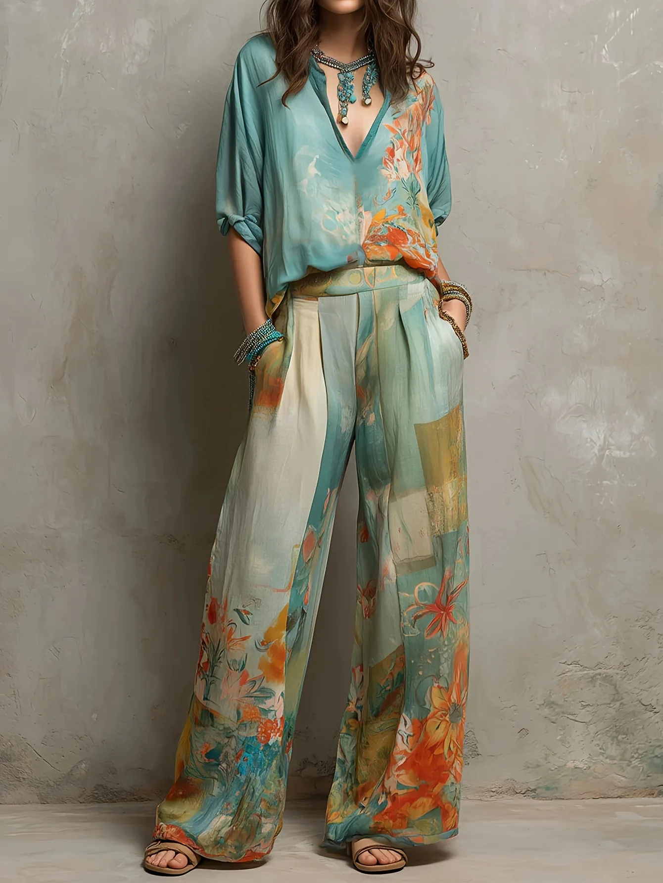 Women's Retro Flower Print Two-Piece Set V-Neck Short Sleeve Blouse Top Wide Leg Pants Elegant Casual Loose Suit for Vacation
Women's Retro Flower Print Two-Piece Set V-Neck Short Sleeve Blouse Top Wide Leg Pants Elegant Casual Loose Suit for Vacation