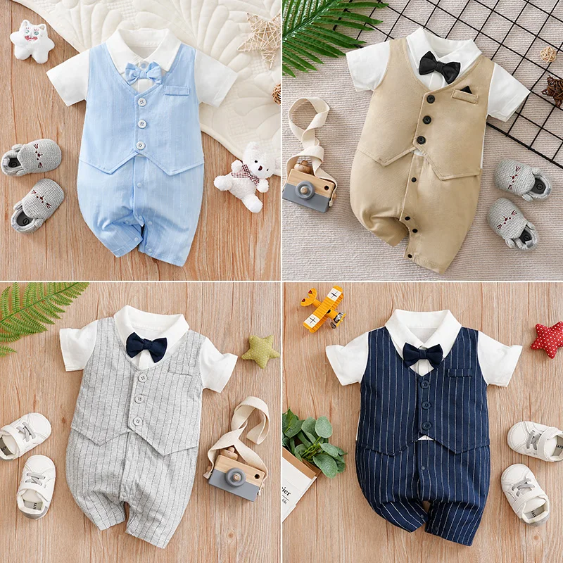 Newborn Baby Boy Formal Romper, Short Sleeve Striped Vest Bow Tie Fake Onesie, Gentleman Cotton Wedding Birthday Party Jumpsuit
Newborn Baby Boy Formal Romper, Short Sleeve Striped Vest Bow Tie Fake Onesie, Gentleman Cotton Wedding Birthday Party Jumpsuit