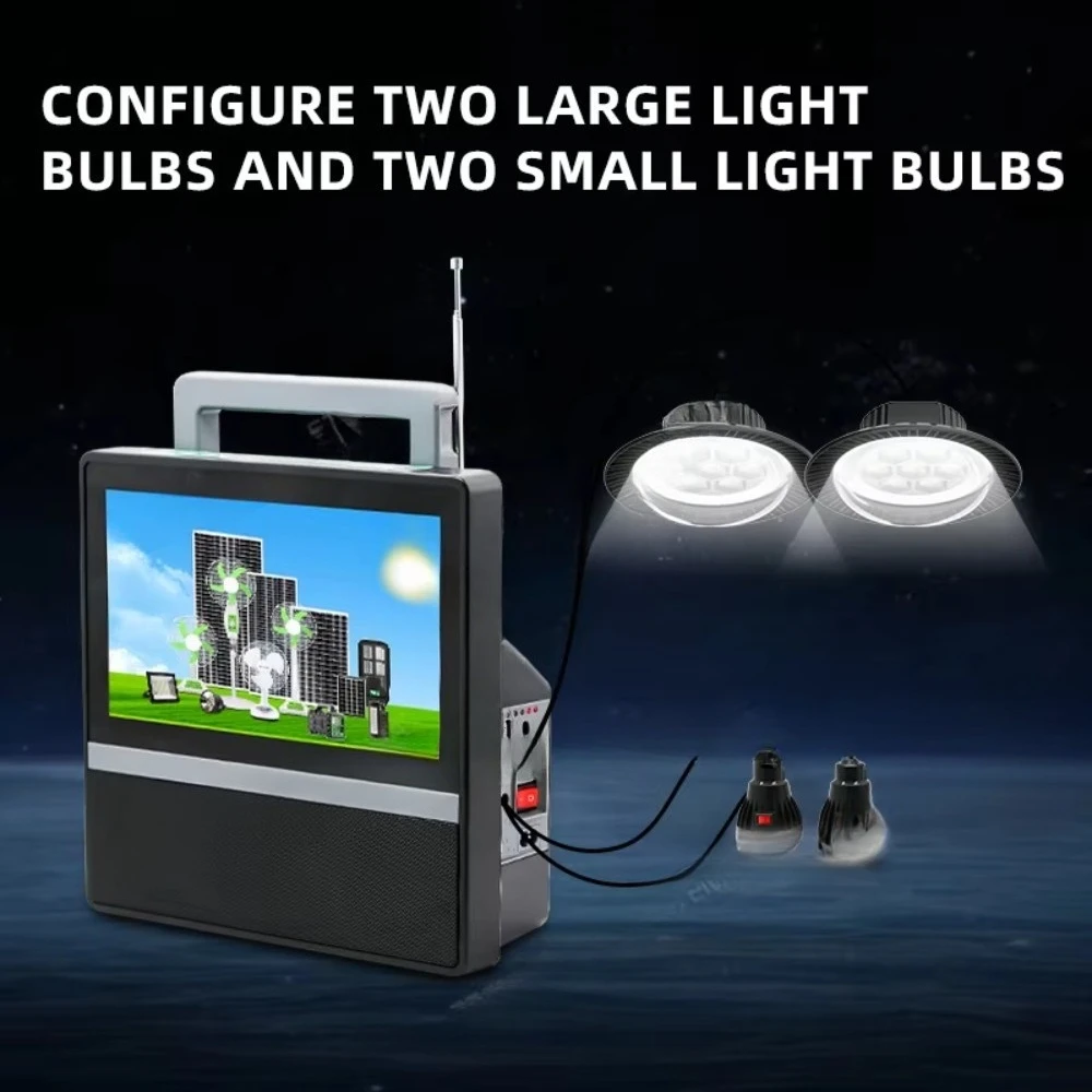 solar TV with lead-acid batteries, dual remote control light bulbs, and a full set of accessories for camping or emergency use
solar TV with lead-acid batteries, dual remote control light bulbs, and a full set of accessories for camping or emergency use