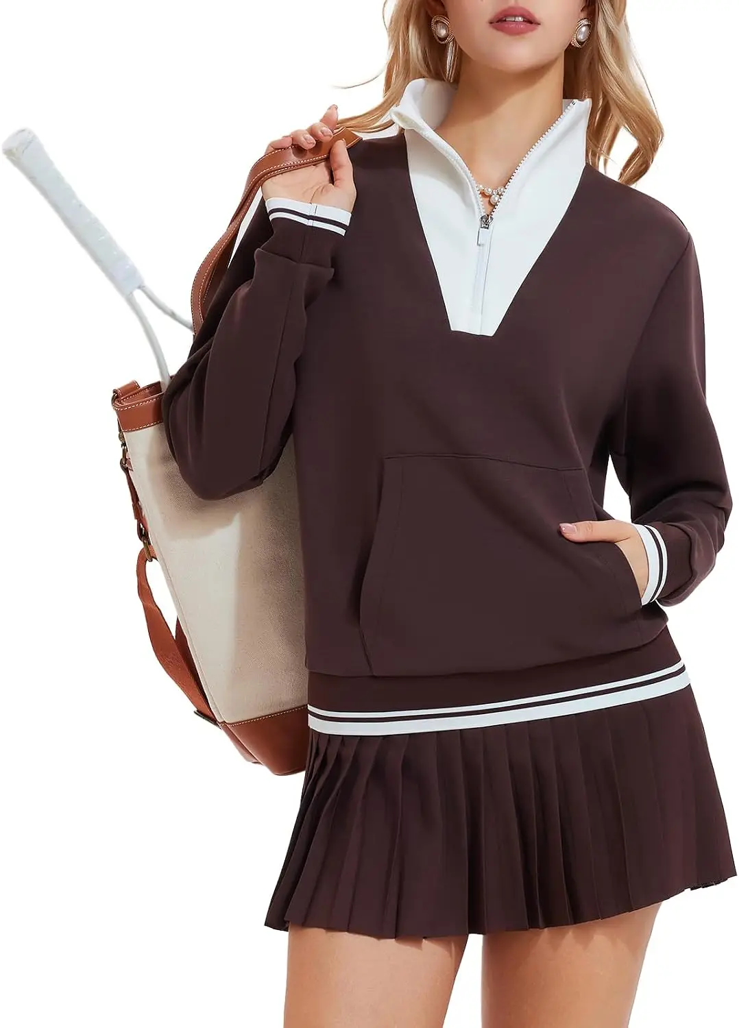 Women 2 Piece Tennis Outfit Contrast Color Half Zip Collar Top High Waist Pleated Mini Skirt Casual Sports Matching Set 260701
Women 2 Piece Tennis Outfit Contrast Color Half Zip Collar Top High Waist Pleated Mini Skirt Casual Sports Matching Set 260701