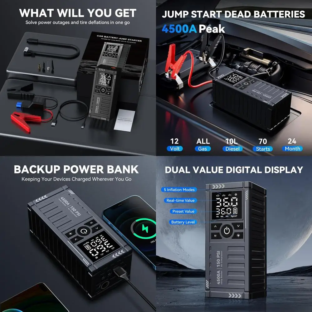 Автомобильный аккумуляторный стартер с воздушным компрессором - портативные автомобильные стартеры 4500A 150PSI (все газы/10 л дизельного топлива) с накачивателем шин,
Автомобильный аккумуляторный стартер с воздушным компрессором - портативные автомобильные стартеры 4500A 150PSI (все газы/10 л дизельного топлива) с накачивателем шин,