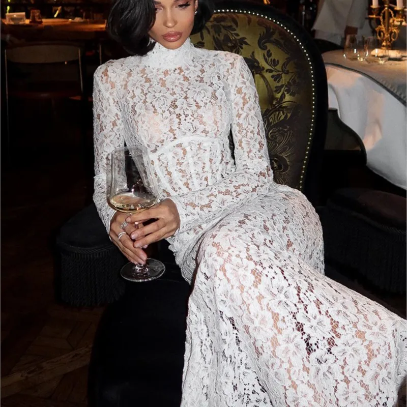 Elegant White See-Through Lace Long Sleeve Maxi Dress with Corset Detail Formal Evening Events Gown High-Neck Customized
Elegant White See-Through Lace Long Sleeve Maxi Dress with Corset Detail Formal Evening Events Gown High-Neck Customized
