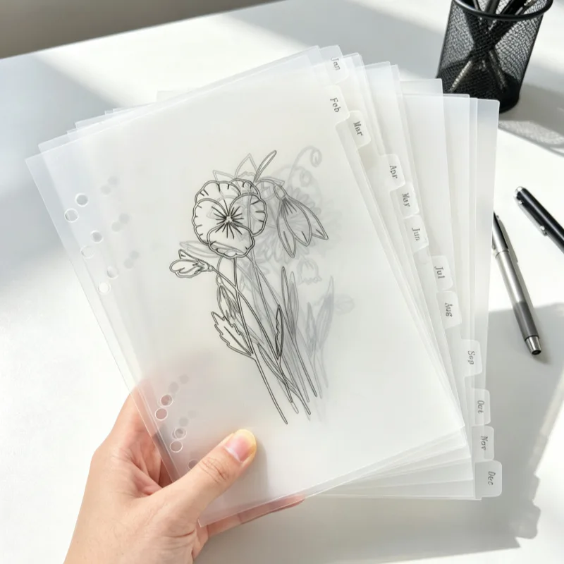 A5 12Pcs Transparent White PP Frosted Tabbed Index Pages 12-Month Flower Index for Loose-Leaf Notebook
A5 12Pcs Transparent White PP Frosted Tabbed Index Pages 12-Month Flower Index for Loose-Leaf Notebook