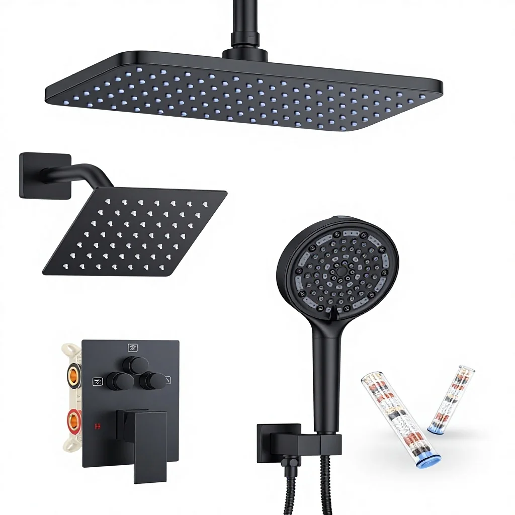 Matte Black Dual Shower Head System With Square & Heads 6-Mode Handheld Spray Rainfall Spray Patterns Wall Mount Shower Mixer
Matte Black Dual Shower Head System With Square & Heads 6-Mode Handheld Spray Rainfall Spray Patterns Wall Mount Shower Mixer
