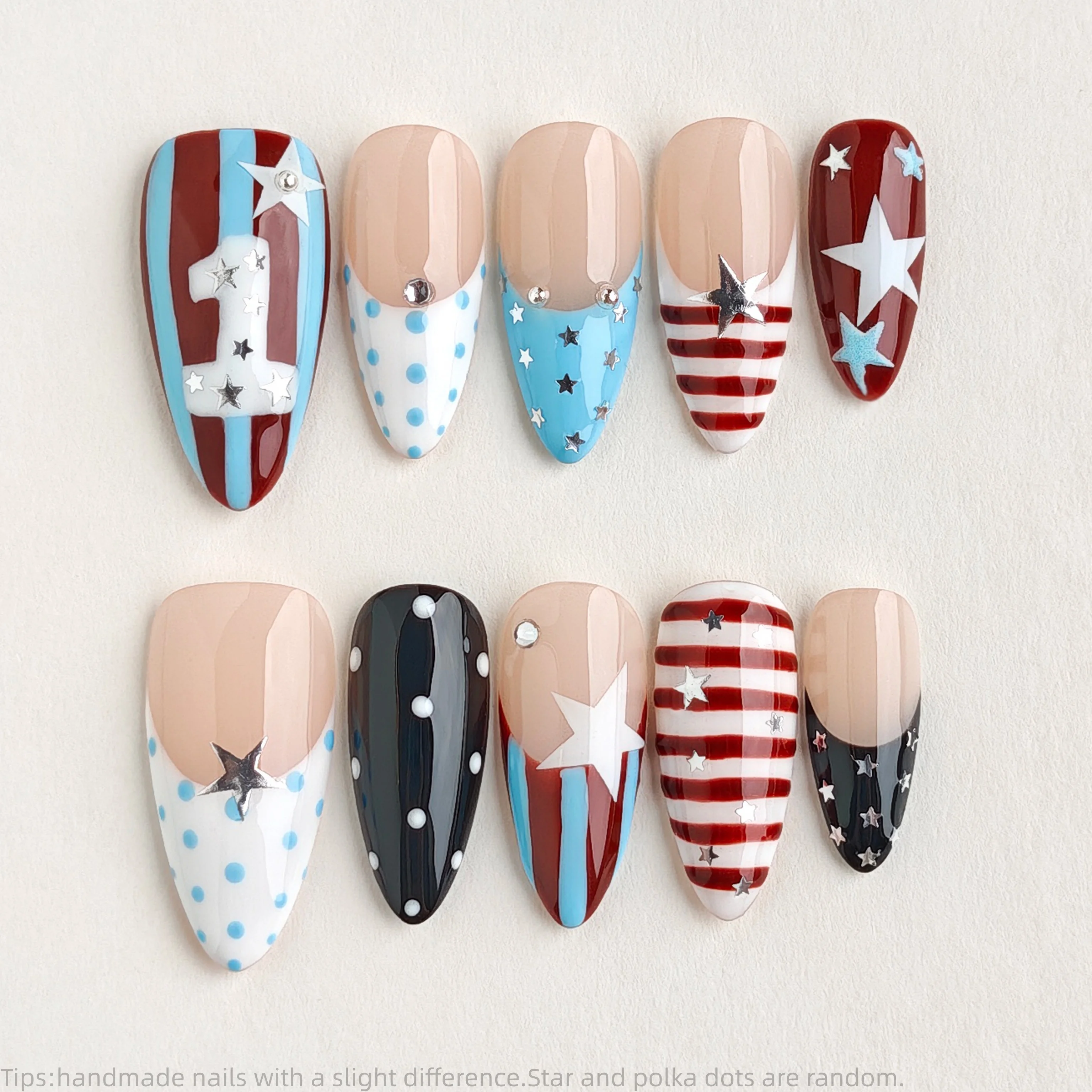 10PCS handmade Y2k Star press on nails, red white blue star stripe polka dots design, long almond Nails false nails,Spring Nails
10PCS handmade Y2k Star press on nails, red white blue star stripe polka dots design, long almond Nails false nails,Spring Nails