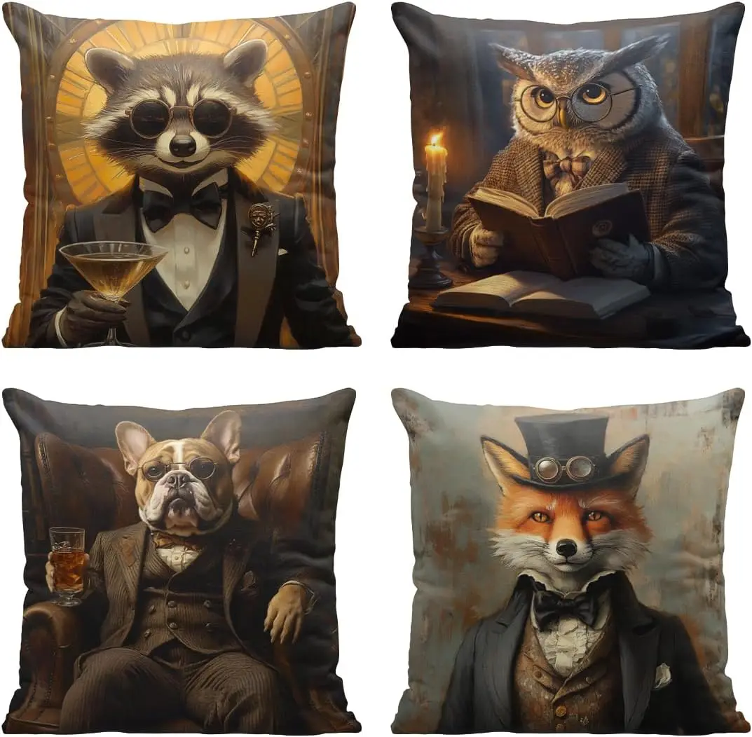 4Pcs Whimsical Animal Throw Pillow Covers Gentleman Raccoon Owl Cushion Cases for Living Room Bedroom Sofa Home Ornament
4Pcs Whimsical Animal Throw Pillow Covers Gentleman Raccoon Owl Cushion Cases for Living Room Bedroom Sofa Home Ornament