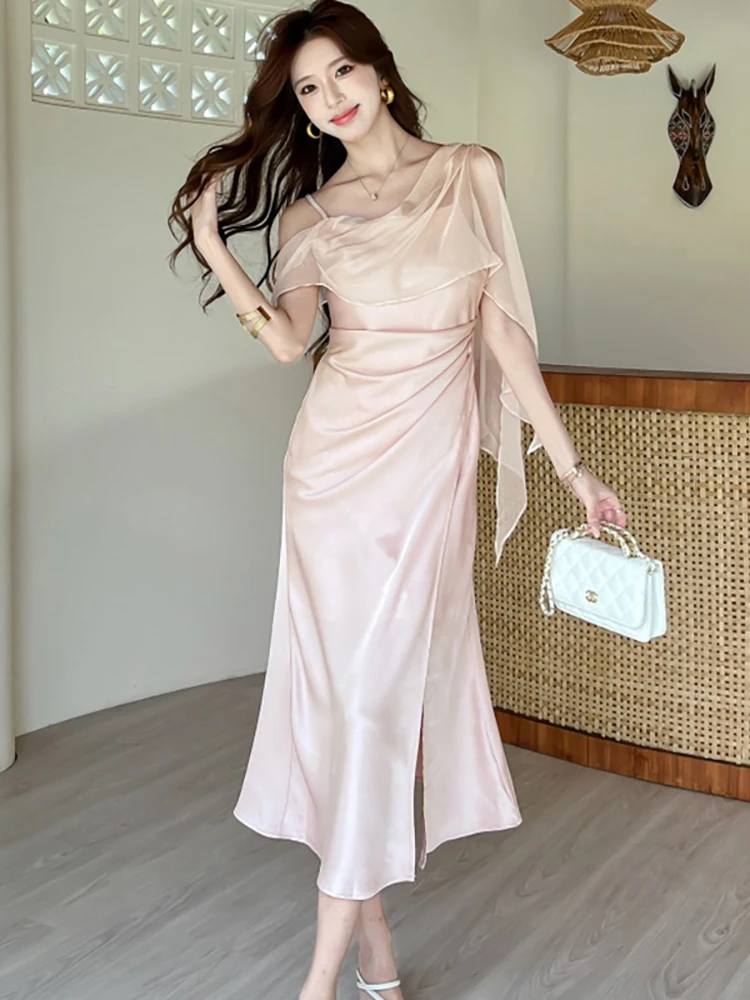Women Pink Satin Pleated Bodycon Slit Midi Dress Summer Elegant Chic Sling Dress 2026 Korean Vintage Luxury Festival Party Dress
Women Pink Satin Pleated Bodycon Slit Midi Dress Summer Elegant Chic Sling Dress 2026 Korean Vintage Luxury Festival Party Dress
