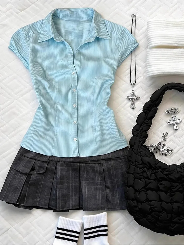 Sweet Design Sense Blue Striped irt Vintage Slim Fit ort Sve Top for Teenage Girls Breathable Cotton Summer Faion
Sweet Design Sense Blue Striped irt Vintage Slim Fit ort Sve Top for Teenage Girls Breathable Cotton Summer Faion