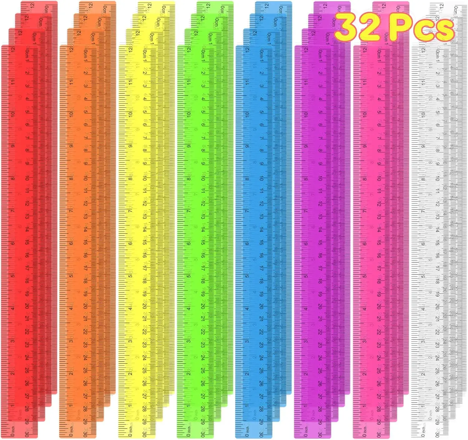 32 Pack Clear Plastic Rulers 12 Inch Bulk for Classroom, Transparent Assorted Colors with mm and Inch Marks, School Office
32 Pack Clear Plastic Rulers 12 Inch Bulk for Classroom, Transparent Assorted Colors with mm and Inch Marks, School Office