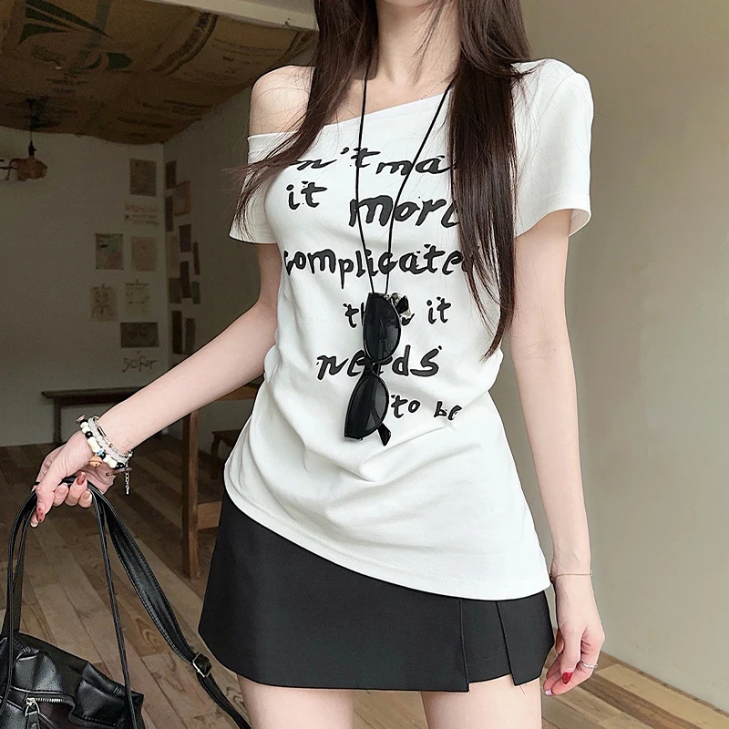 Women's Streetwear Sexy Letter Printed Irregular Off-shoulder Short Sleeve Slim T-shirt
Women's Streetwear Sexy Letter Printed Irregular Off-shoulder Short Sleeve Slim T-shirt