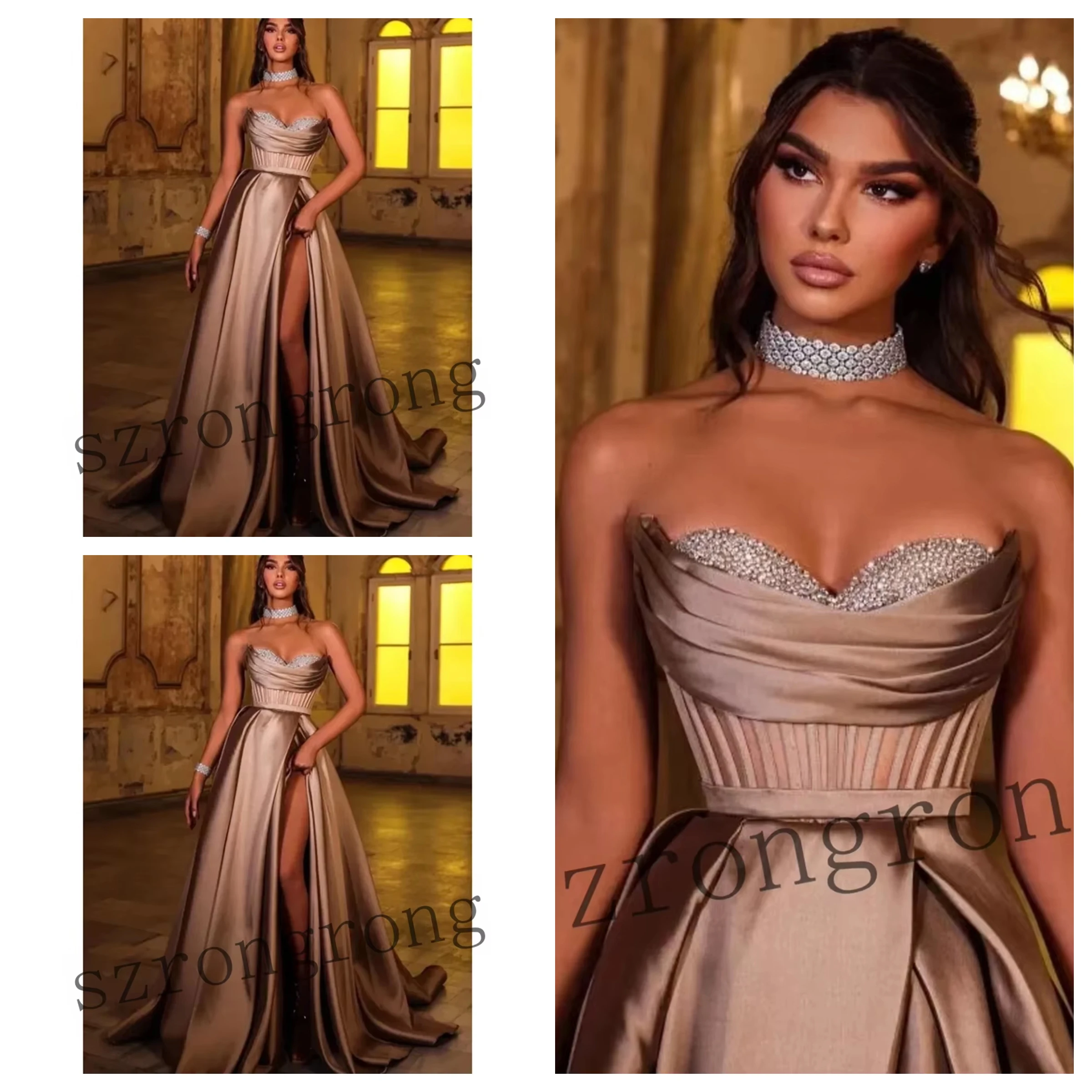 Customized Sweetheart Collar Pleated Evening Party Dress Backless A-line Crystal Floor Length Side Slit Prom Bridal Dress
Customized Sweetheart Collar Pleated Evening Party Dress Backless A-line Crystal Floor Length Side Slit Prom Bridal Dress