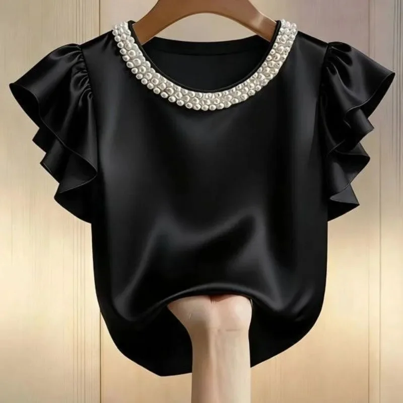 Women's Shirts Blouse Summer Satin Pearl Collar Shirt Round Neck with Ruffled Edges Loose and Breathable Versatile Casual Top
Women's Shirts Blouse Summer Satin Pearl Collar Shirt Round Neck with Ruffled Edges Loose and Breathable Versatile Casual Top