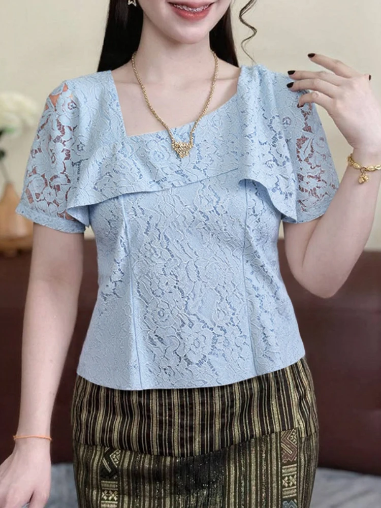 ZANZEA Elegant Women's Openwork Lace Blouses 2025 Summer Asymmetrical Square Neck Short Sleeve Slim-Fit Blouse Classy Lady Tops
ZANZEA Elegant Women's Openwork Lace Blouses 2025 Summer Asymmetrical Square Neck Short Sleeve Slim-Fit Blouse Classy Lady Tops