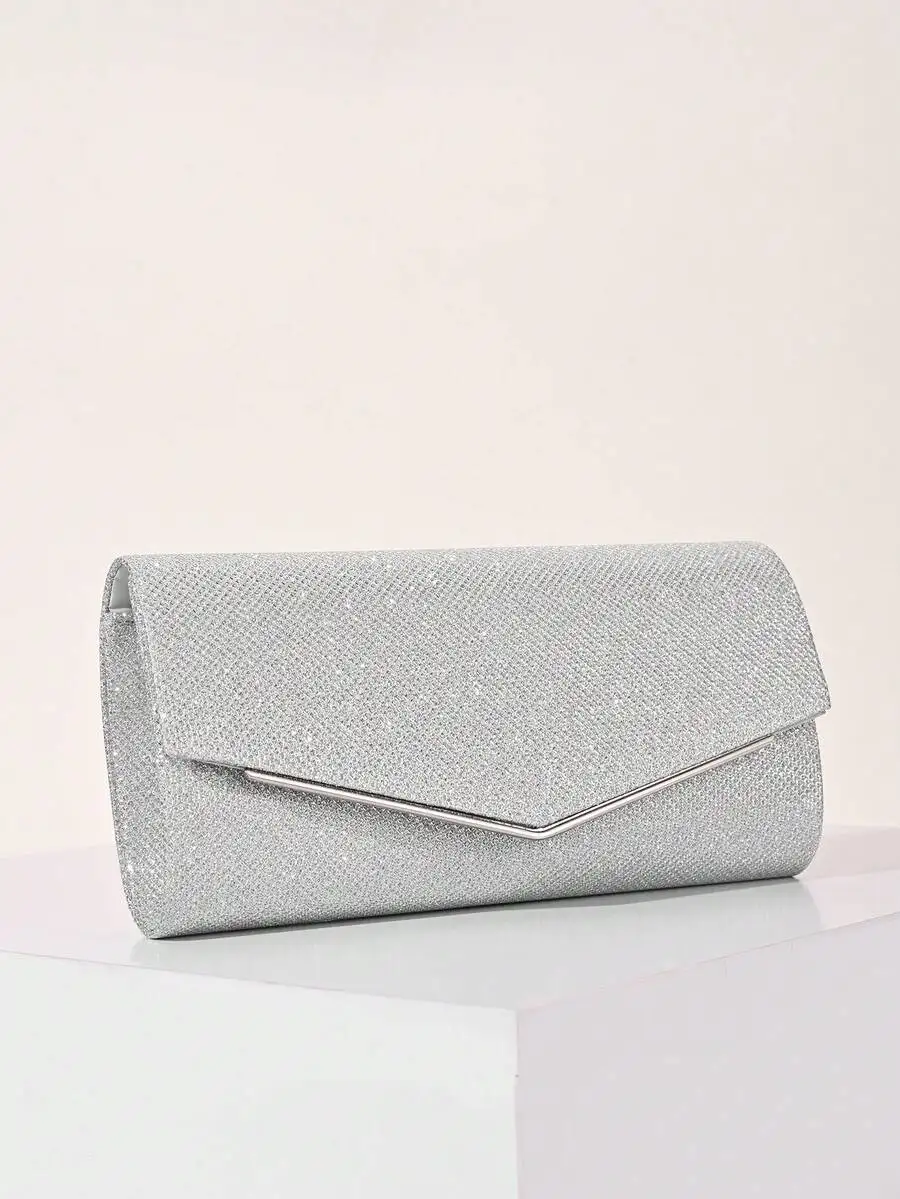 Elegant Silver Glitter Envelope Clutch With Metal Accent, Detachable Chain, For Wedding, Party, Bridal Shower, Cocktail &
Elegant Silver Glitter Envelope Clutch With Metal Accent, Detachable Chain, For Wedding, Party, Bridal Shower, Cocktail &