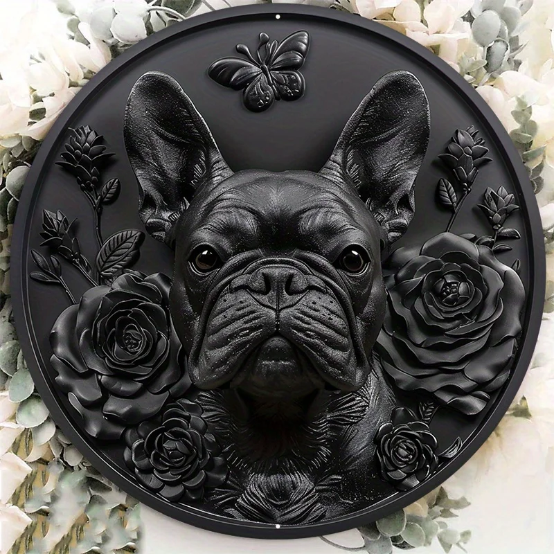 Deluxe Circular Aluminum Metal Sign Plaque, Decorative French Bulldog Statue with Flowers, Black Finish, Durable, Waterproof 
Deluxe Circular Aluminum Metal Sign Plaque, Decorative French Bulldog Statue with Flowers, Black Finish, Durable, Waterproof
