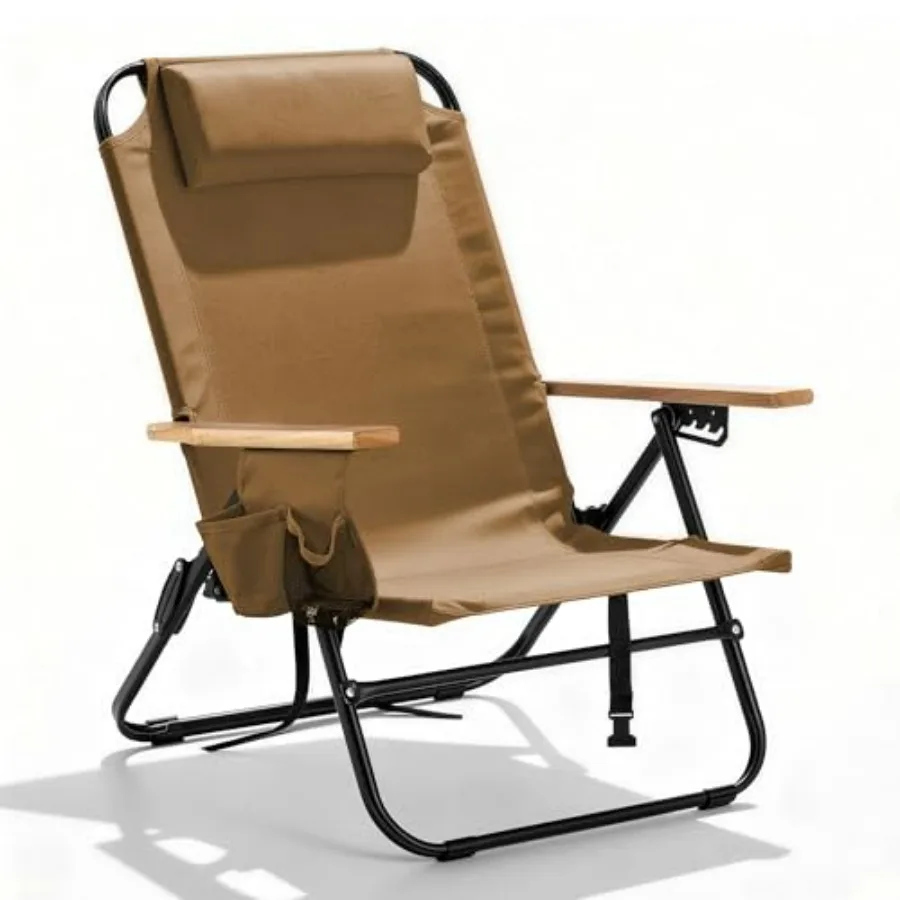 Portable camping chair for outdoor use, brown wood-armrest recliner with headrest and multi-pockets, lightweight folding design
Portable camping chair for outdoor use, brown wood-armrest recliner with headrest and multi-pockets, lightweight folding design