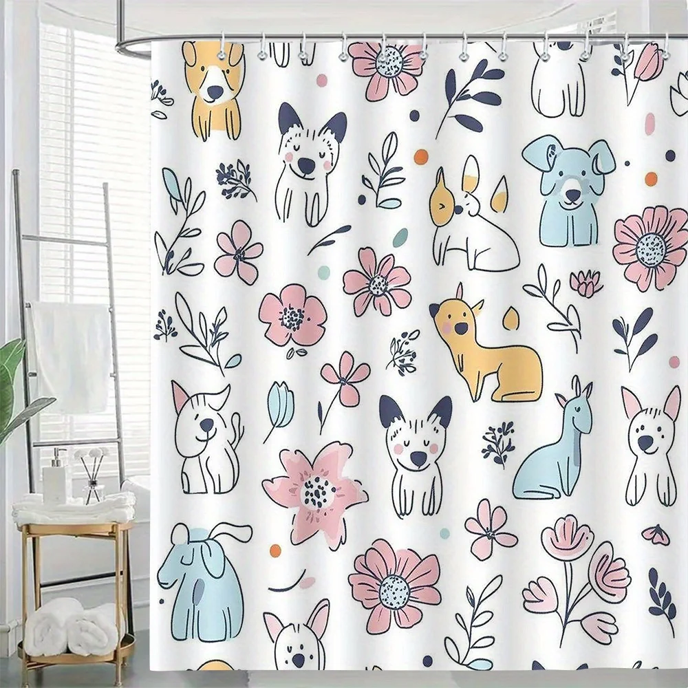 Cute Cartoon Dogs and Floral Shower Curtain with Hooks Pink Blue Flowers White Background Polyester Machine Washable
Cute Cartoon Dogs and Floral Shower Curtain with Hooks Pink Blue Flowers White Background Polyester Machine Washable