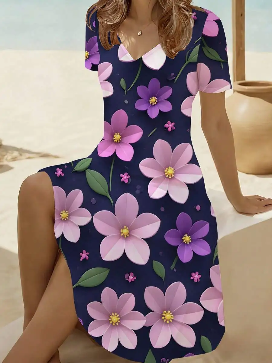 Floral Print Women V Neck Short Sleeve Dress Breathable Casual Beach Vacation Outfit
Floral Print Women V Neck Short Sleeve Dress Breathable Casual Beach Vacation Outfit