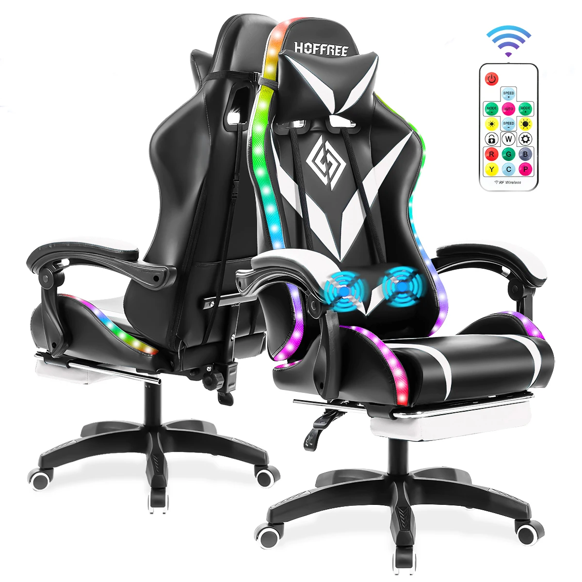 Игровое кресло с подголовником и поясничной поддержкой, подставка для ног, RGB-подсветка, 2-точечный массажный наклонный офисный компьютер, эргономичный поворотный чай
Игровое кресло с подголовником и поясничной поддержкой, подставка для ног, RGB-подсветка, 2-точечный массажный наклонный офисный компьютер, эргономичный поворотный чай