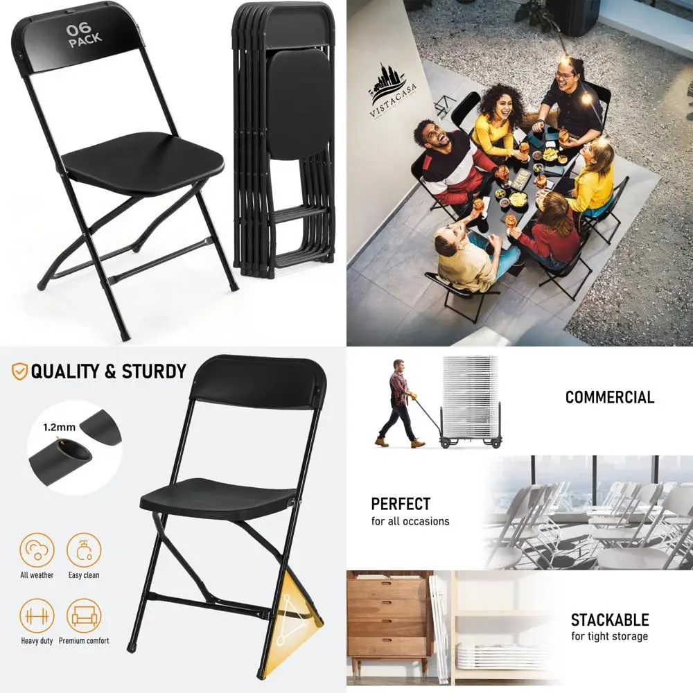 Набор из 6 прочных черных пластиковых складных стульев для внутреннего и наружного использования, портативные штабелируемые сиденья со стальным каркасом, опоры вверх t
Набор из 6 прочных черных пластиковых складных стульев для внутреннего и наружного использования, портативные штабелируемые сиденья со стальным каркасом, опоры вверх t